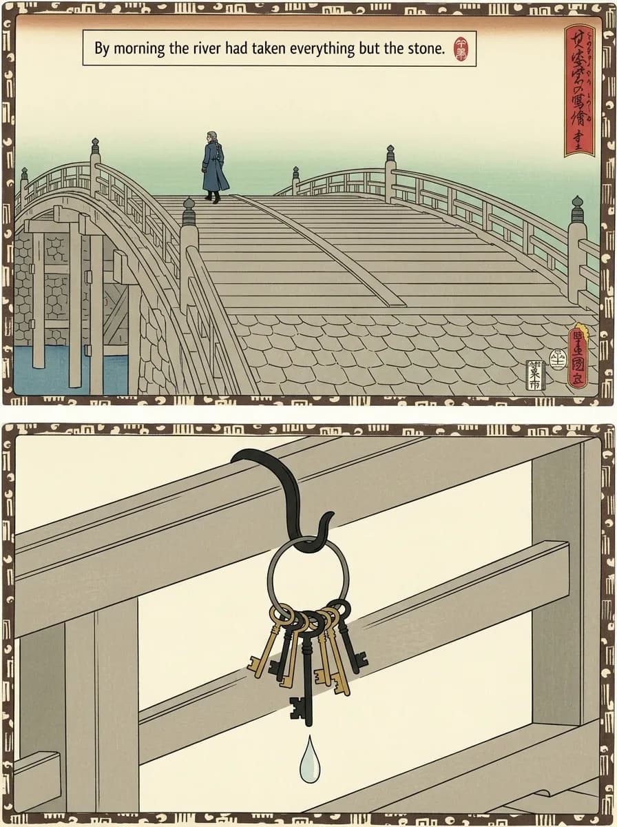 Japanese Woodblock comic page — After the storm (2-panel quiet)