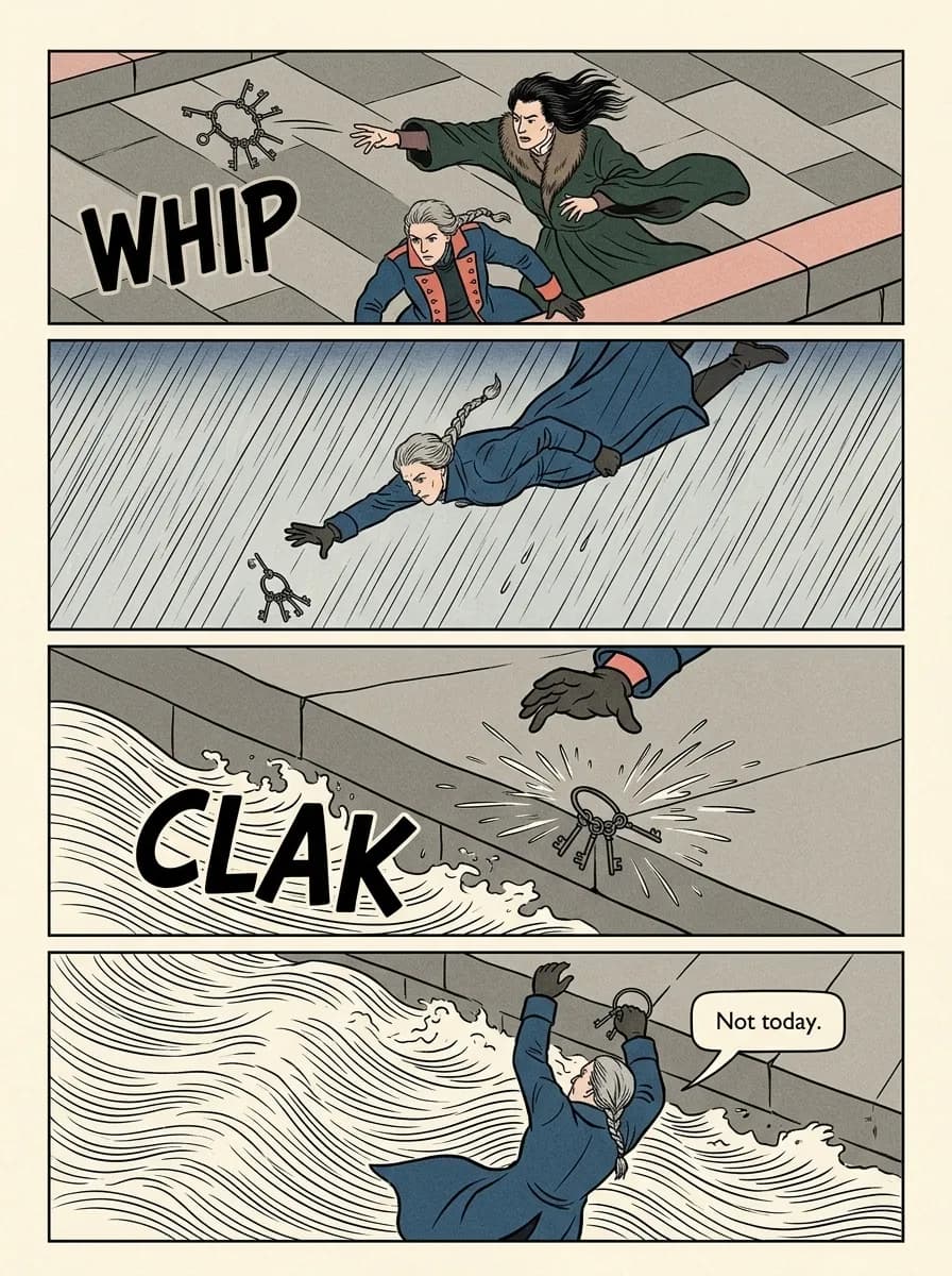 Japanese Woodblock comic page — The thrown keys (4-panel action)
