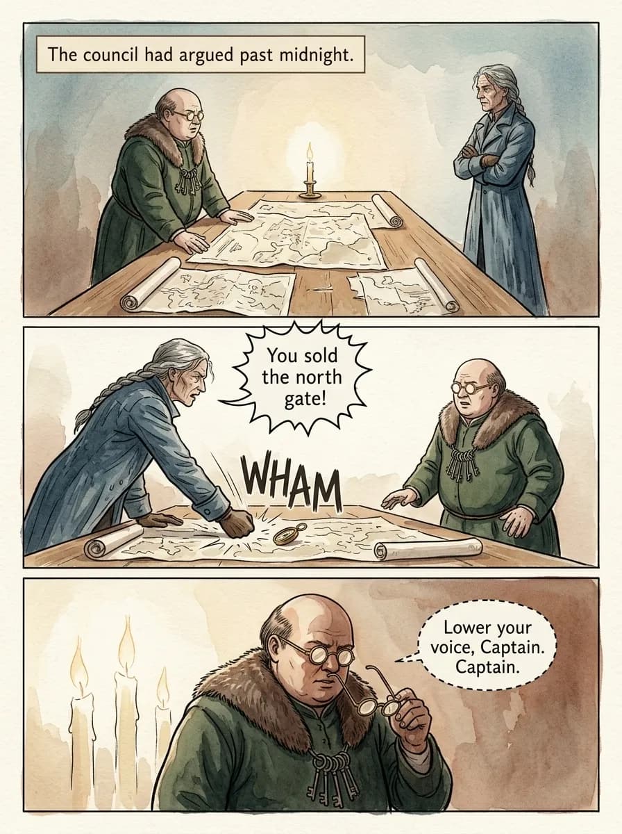 Watercolor comic page — Council argument (3-panel tier)