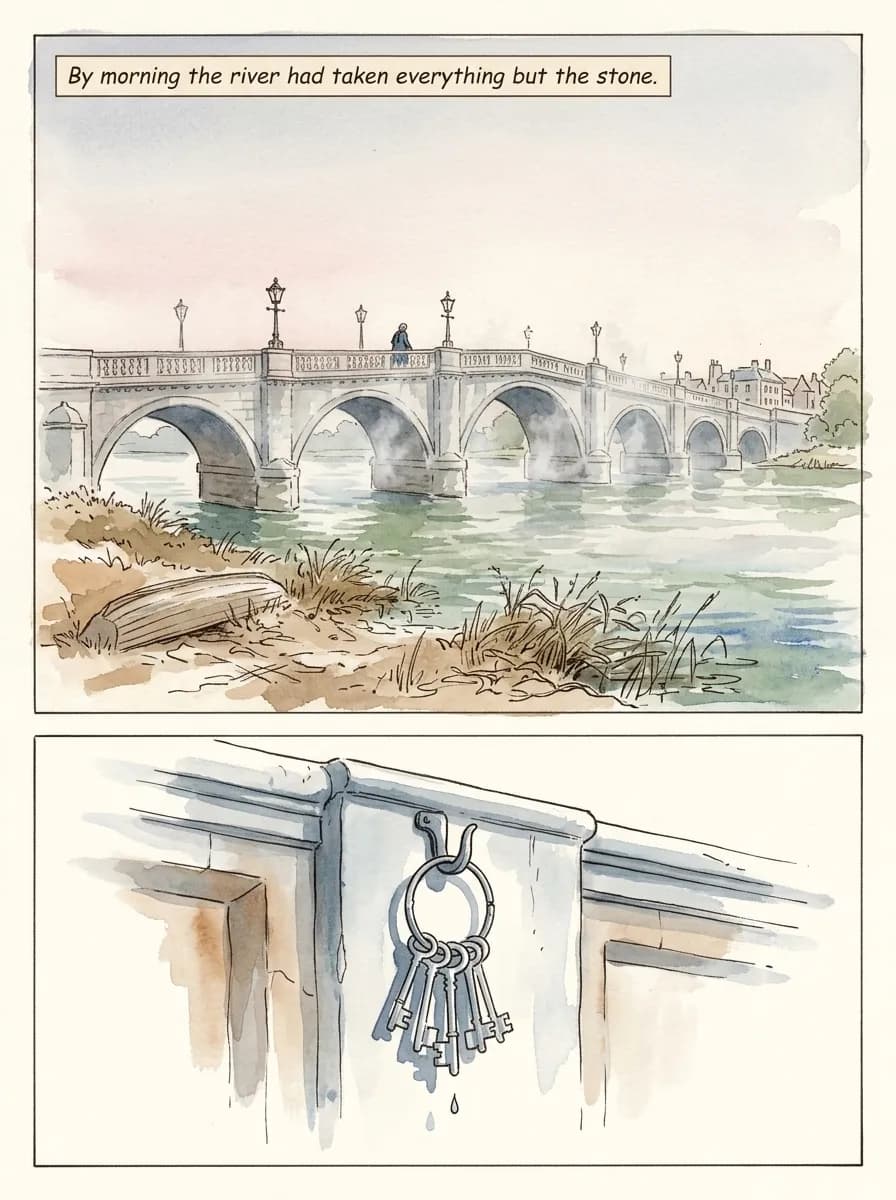 Watercolor comic page — After the storm (2-panel quiet)