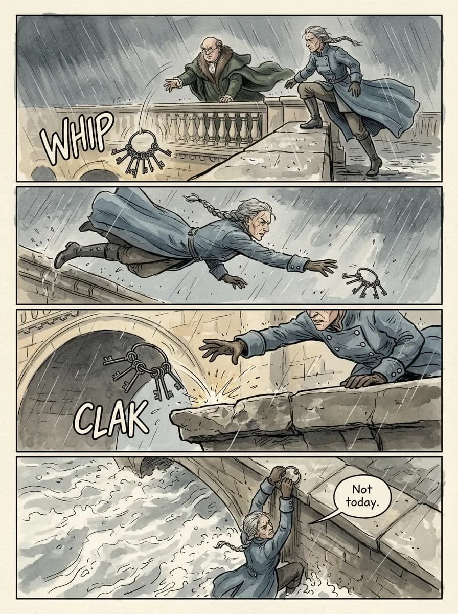 Watercolor comic page — The thrown keys (4-panel action)