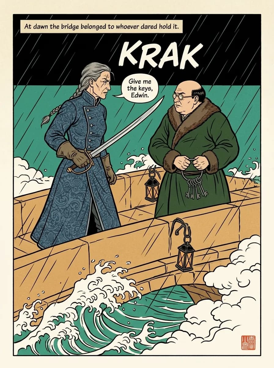 Wuxia Brocade comic page — Bridge confrontation (splash)
