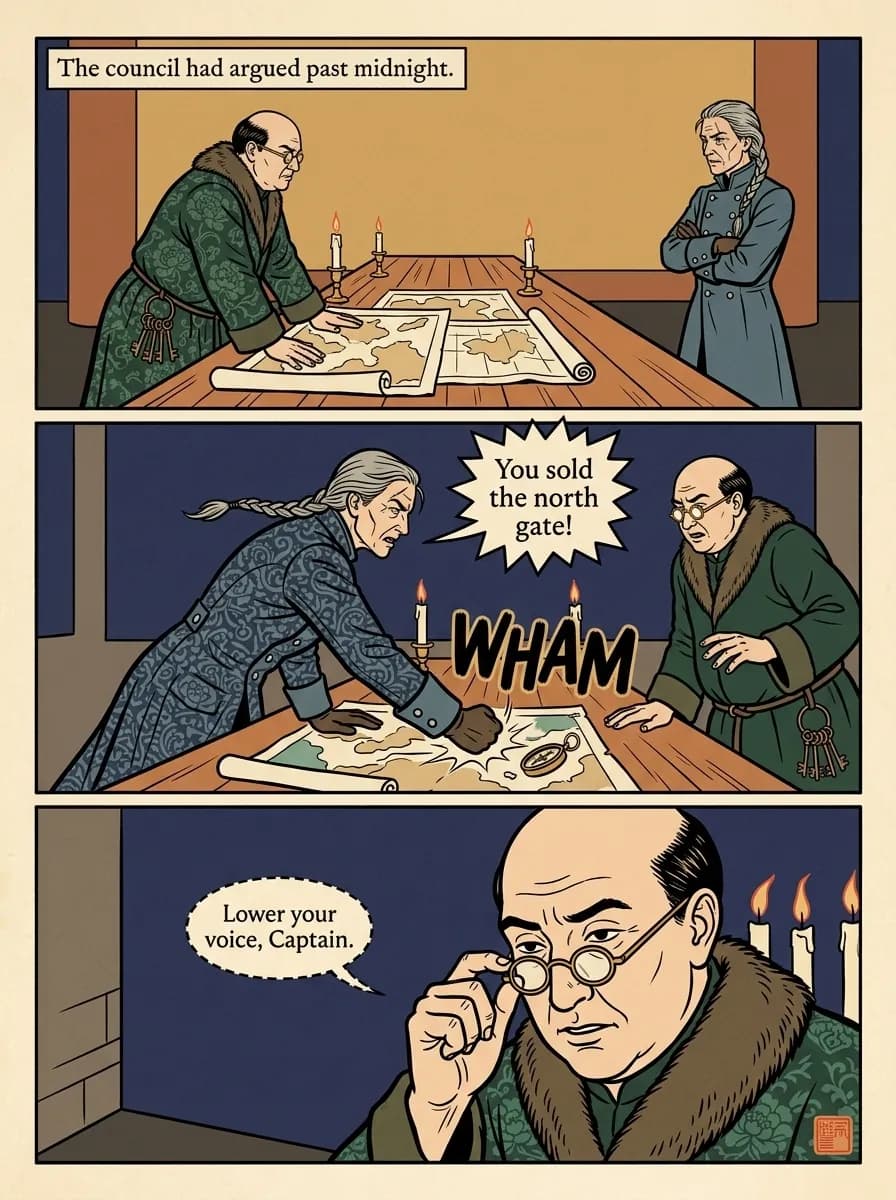 Wuxia Brocade comic page — Council argument (3-panel tier)