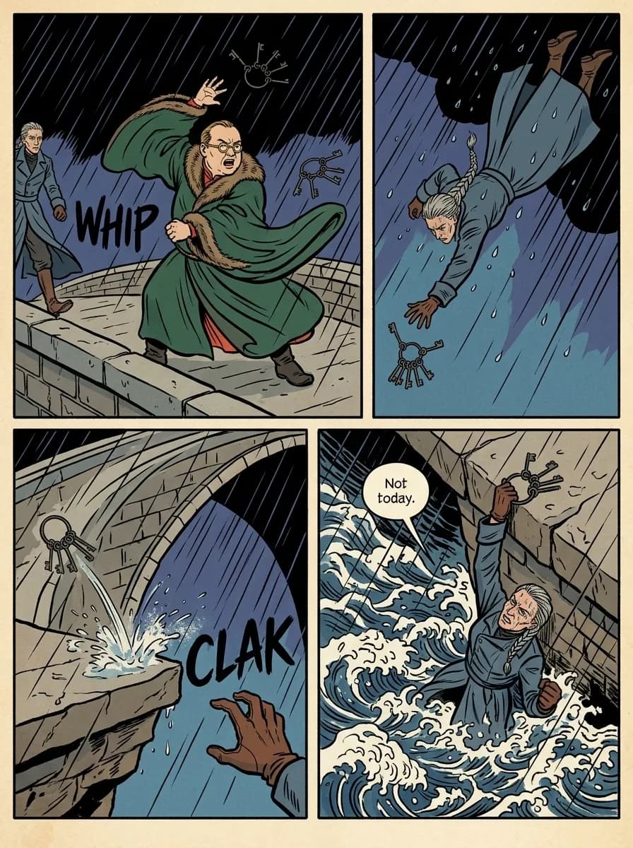 Wuxia Brocade comic page — The thrown keys (4-panel action)