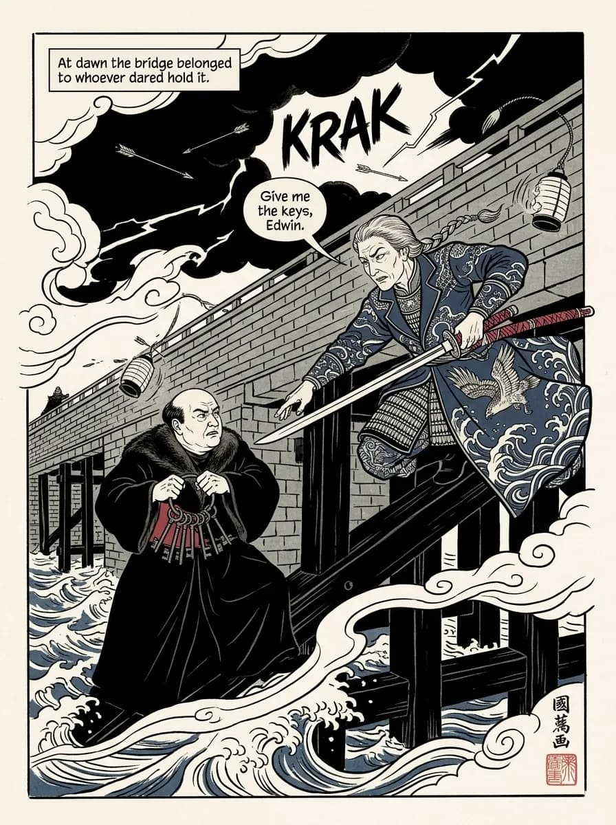Wuxia Brush comic page — Bridge confrontation (splash)