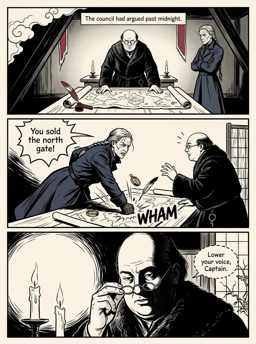 Wuxia Brush comic page — Council argument (3-panel tier)