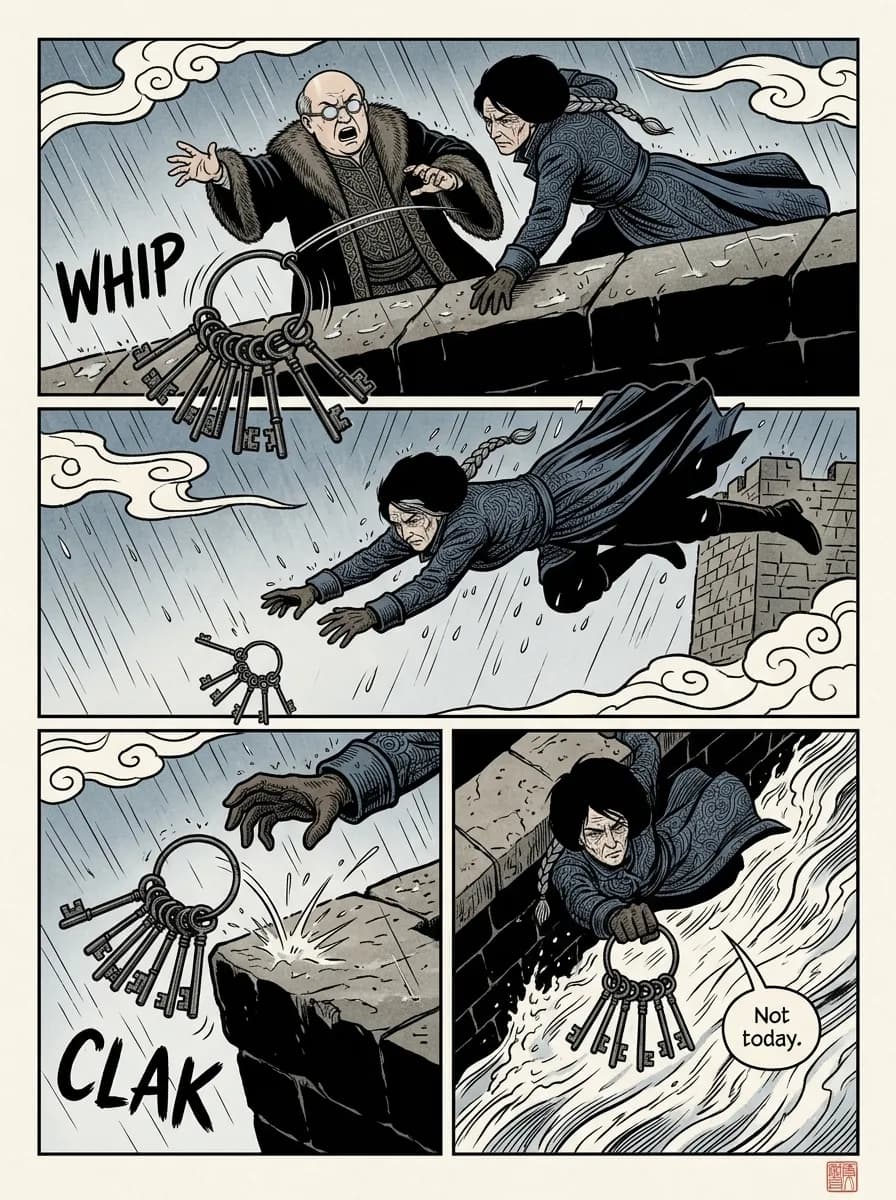 Wuxia Brush comic page — The thrown keys (4-panel action)