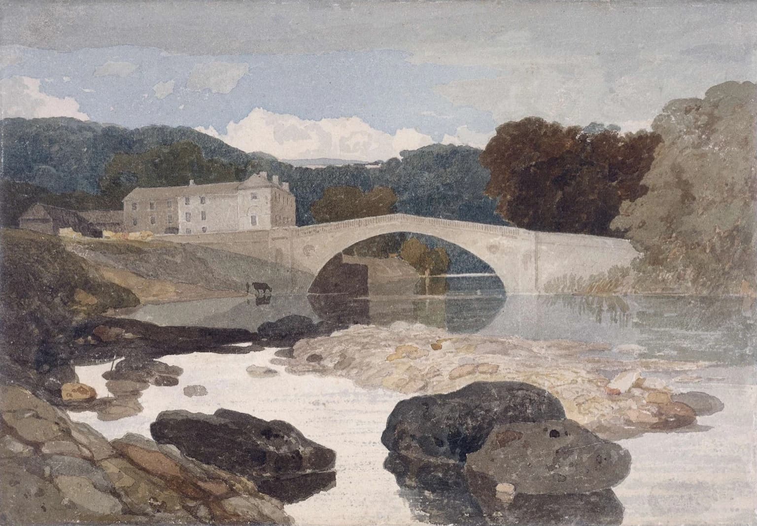 John Sell Cotman, Greta Bridge, c. 1805 — a single-arched bridge as one flat pale wash over a rocky river, each wash shape drying with a crisp edge