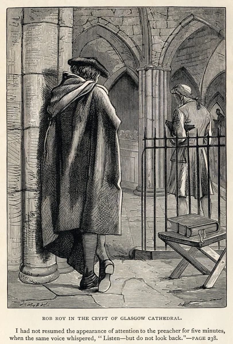 Dalziel Brothers, Rob Roy in the crypt of Glasgow Cathedral — a ribbed gothic vault engraved in even ruled line, a lantern-lit figure below