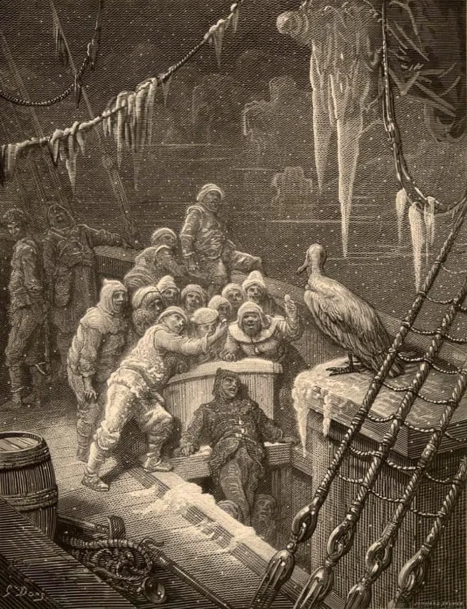 Gustave Doré, the albatross from The Rime of the Ancient Mariner — an icy seascape built from ruled sky bands and stippled snow