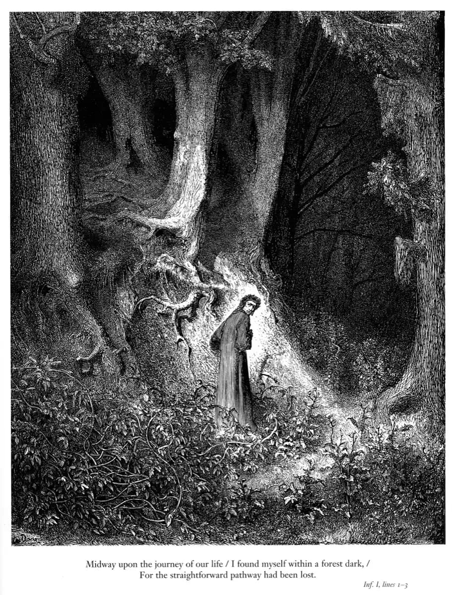 Gustave Doré, Inferno Plate 1 — a small pilgrim ringed by light inside a near-black engraved forest