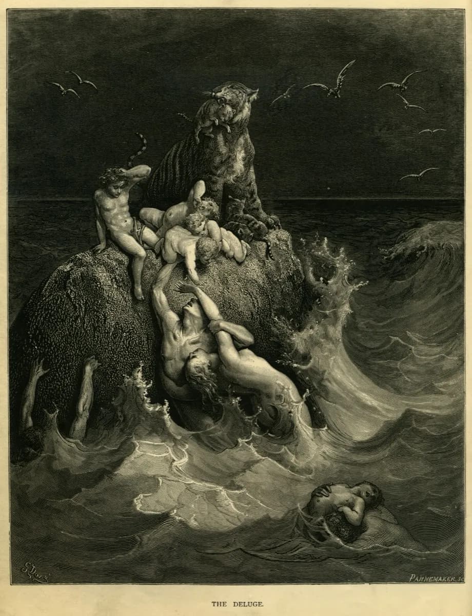 Gustave Doré, The Deluge — storm sky and drowning multitude modelled entirely in swelling engraved line
