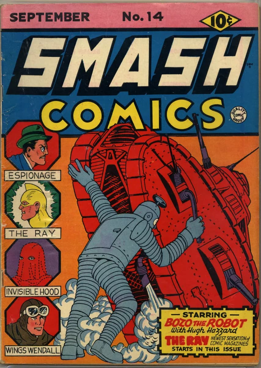 Gill Fox, Smash Comics No. 14 cover, 1940 — a robot rendered as flat pale blue-grey fills with black rivet ticks, carrying a red machine, against a flat unmodulated orange field