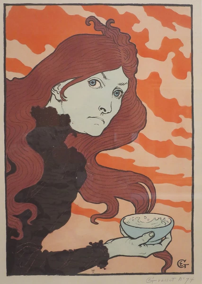 Eugène Grasset, La Vitrioleuse, 1894 — colour lithograph of a red-haired woman with a pale green face holding a bowl, against flat orange cloud-bands