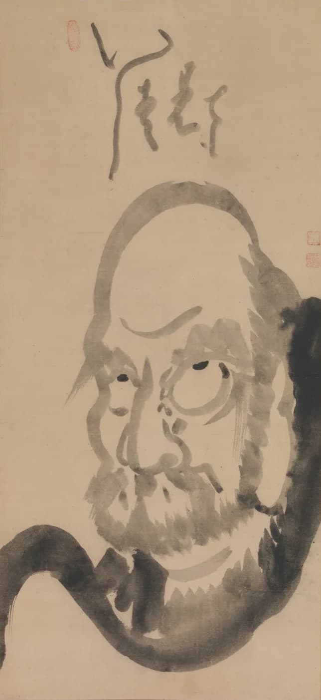 Hakuin Ekaku, Portrait of Daruma, 18th century — the Zen patriarch in a dozen bold strokes, eyes as two black ticks in reserved white