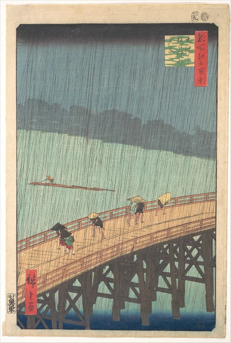 Utagawa Hiroshige, Sudden Shower over Shin-Ōhashi Bridge and Atake, 1857 — figures crossing a bridge in slanting rain