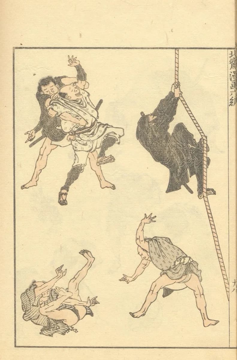 Katsushika Hokusai, Hokusai Manga volume 6, 1817 — a single framed page with two men locked in a grapple, a figure in a near-black garment climbing a rope, two men tumbling on the ground and a man lunging with arms thrown out