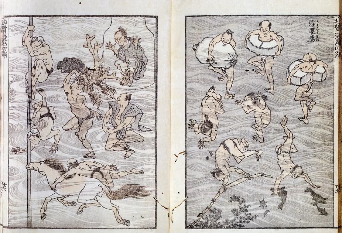 Katsushika Hokusai, Hokusai Manga volume 4, 1816 — a double page of more than a dozen swimmers and divers, some on floats, one gripping a pole, and a horse, tumbling in every direction over a ground of flowing wave lines, printed in black line with pale grey and pink