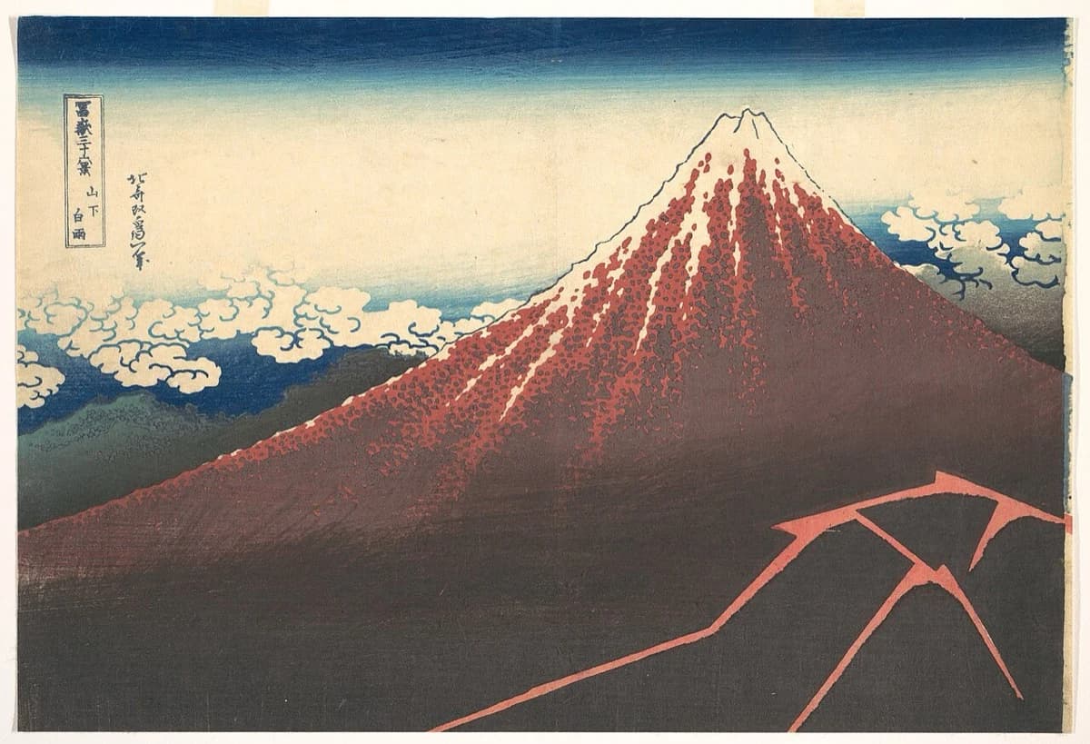Katsushika Hokusai, Storm below Mount Fuji, c. 1830–32 — red lightning bands under a dark mountain slope