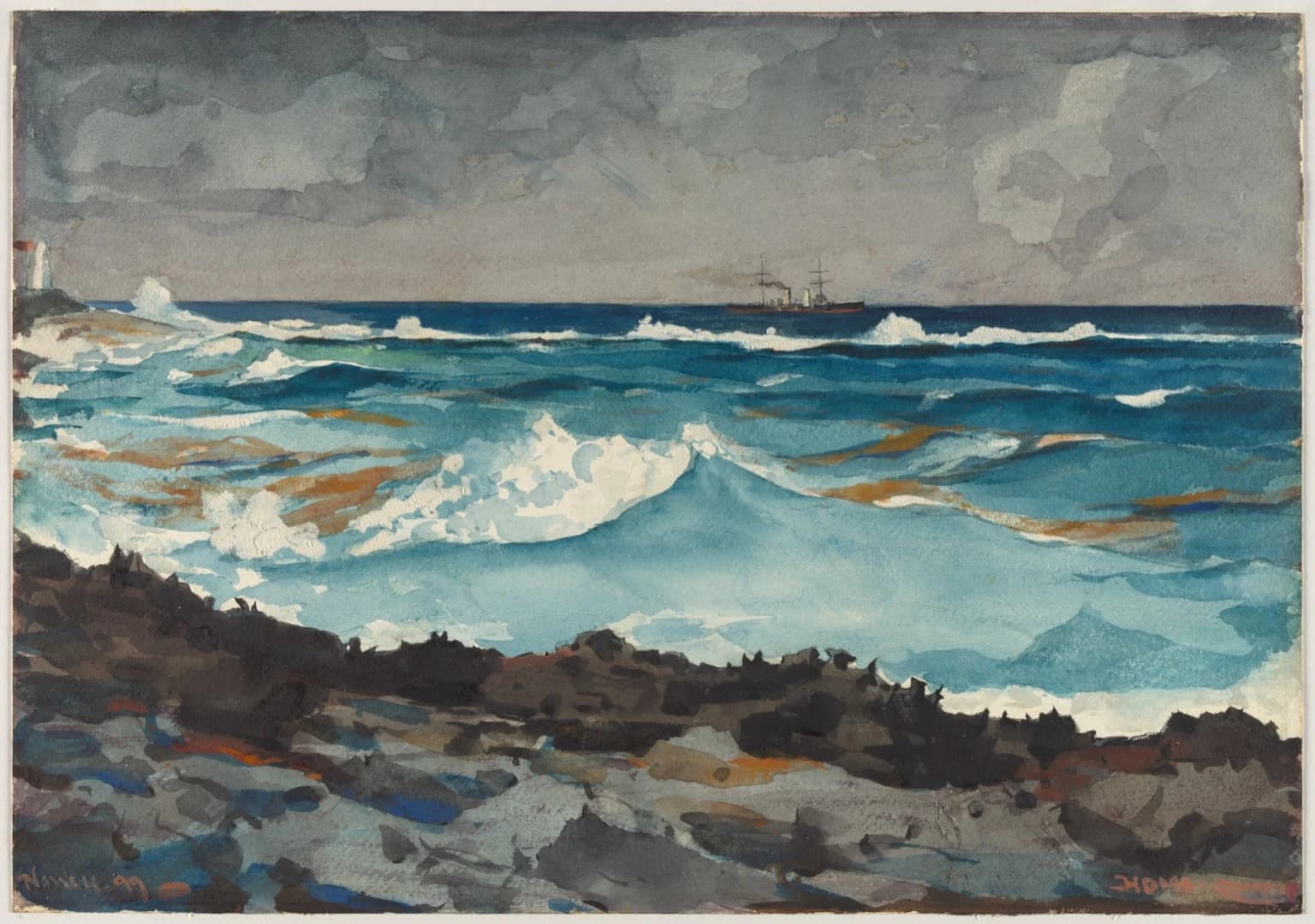 Winslow Homer, Shore and Surf, Nassau, 1899 — a breaking wave left as bare cream paper against flat blue sea washes with hard dried edges