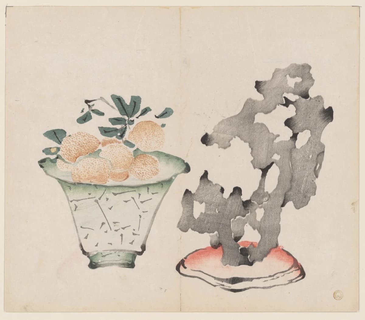Hu Zhengyan, Ten Bamboo Studio Manual, 1633 — citrus fruit in thin translucent washes beside a scholar's rock printed as one mottled grey mass with no outline around it
