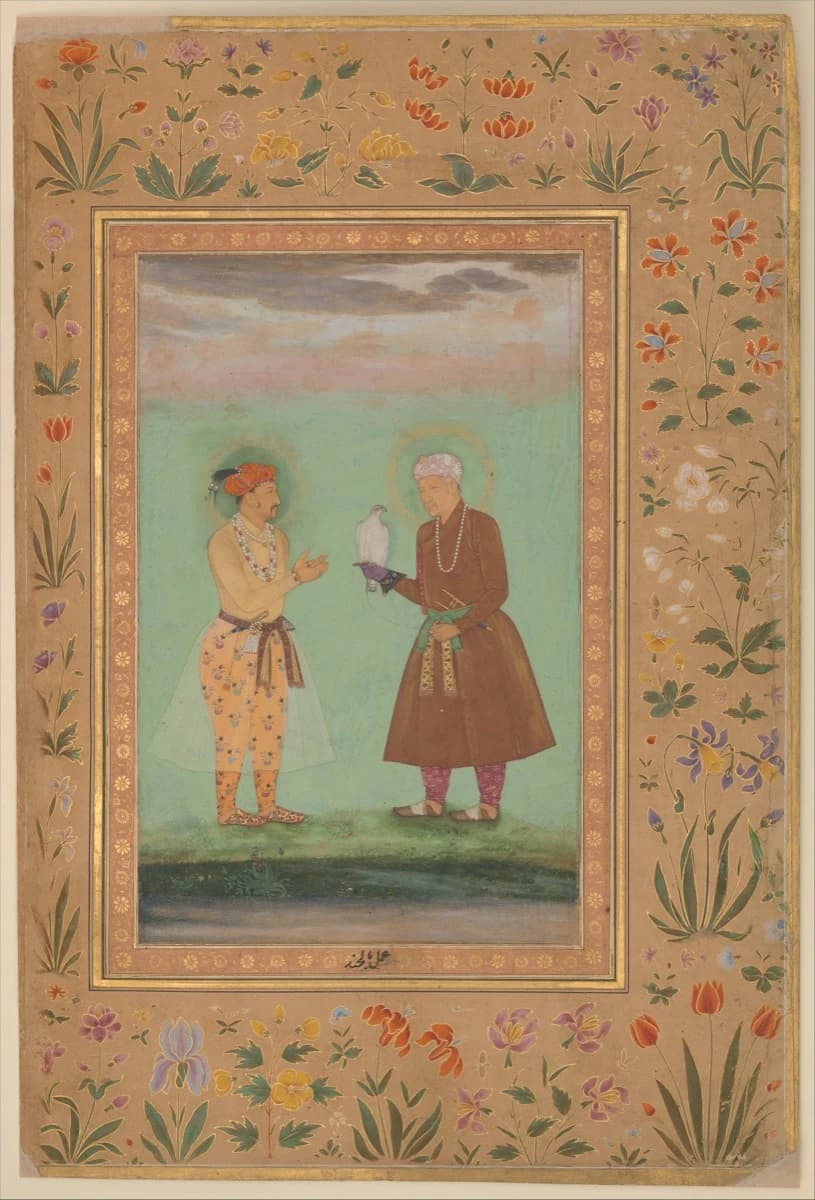 Jahangir and his father Akbar in near profile, each behind a soft gold ring of a nimbus, from the Shah Jahan Album