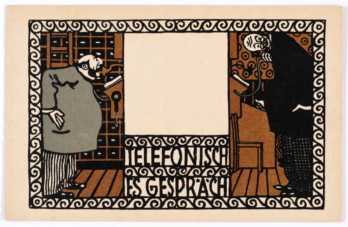 Telefonisches Gespräch, 1907 — Wiener Werkstätte postcard of two figures on the telephone, their clothes and bookshelf rendered as flat printed patterns inside a scroll border