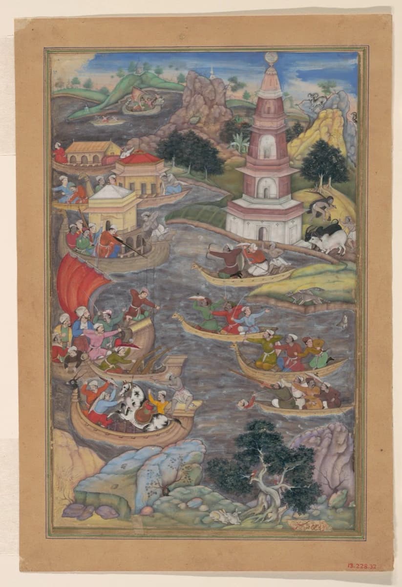 Khamsa of Amir Khusrau Dihlavi, 1597–98 — boats and fighters stacked at six heights up the sheet, under a graded sky and hazy receding hills