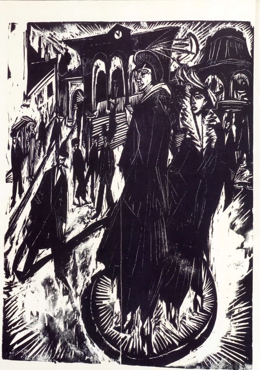 Ernst Ludwig Kirchner, Frauen am Potsdamer Platz, 1914 — Expressionist woodcut proof in black ink, angular figures cut with visible tool marks