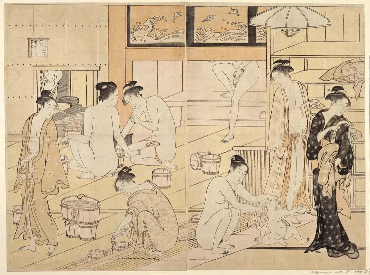 Torii Kiyonaga, Interior of a Bathhouse (Onna-yu), c. 1787 — women in a bathhouse interior in the sparse early palette