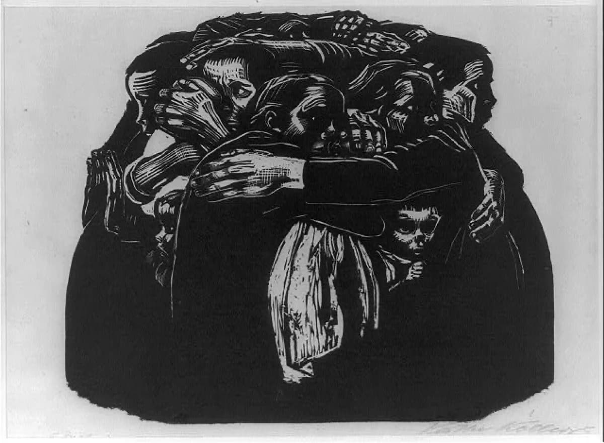Käthe Kollwitz, Die Mütter (The Mothers), 1919 — woodcut, a huddled group carved as one black mass with gouged white faces