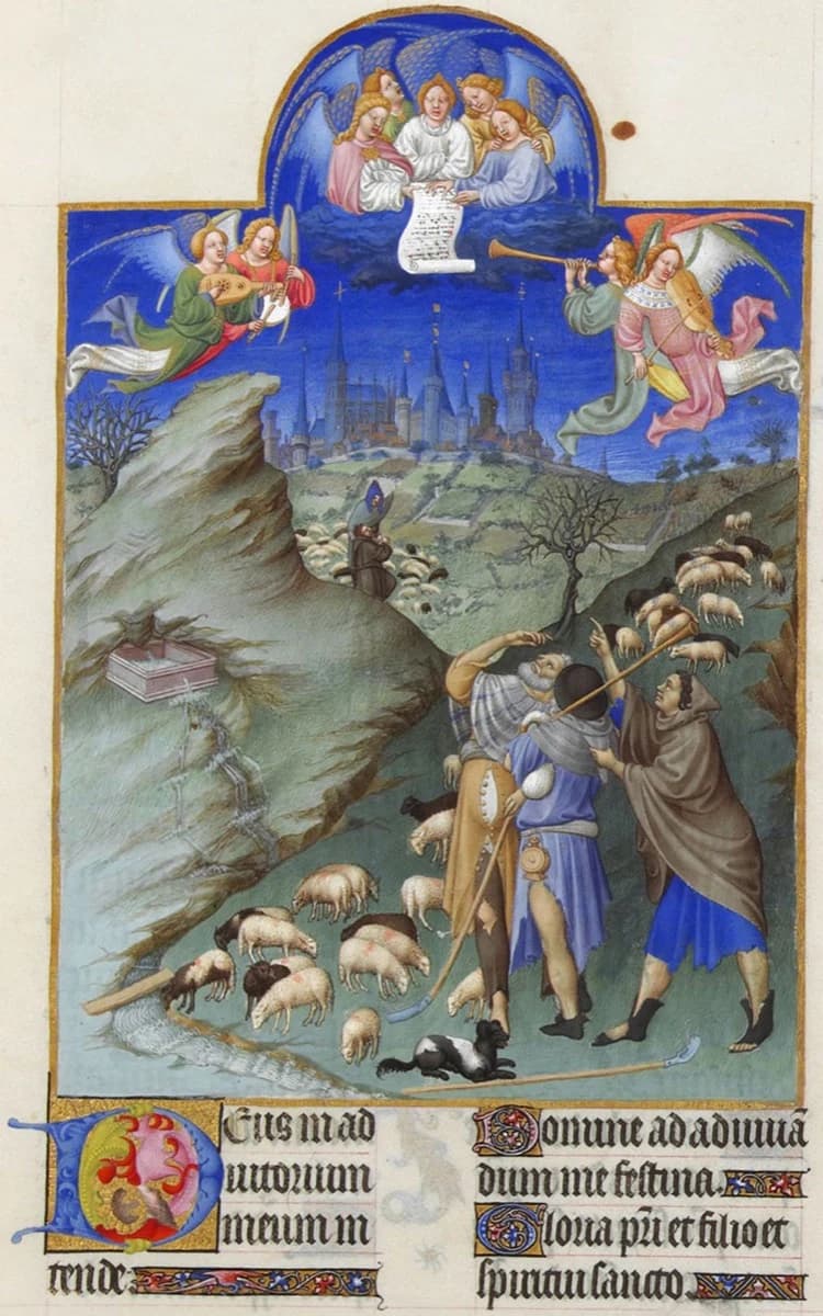Limbourg Brothers, The Annunciation to the Shepherds, Très Riches Heures, c. 1412–16 — angels on scrolls above shepherds, a flat lapis sky with a hard-edged cloud band