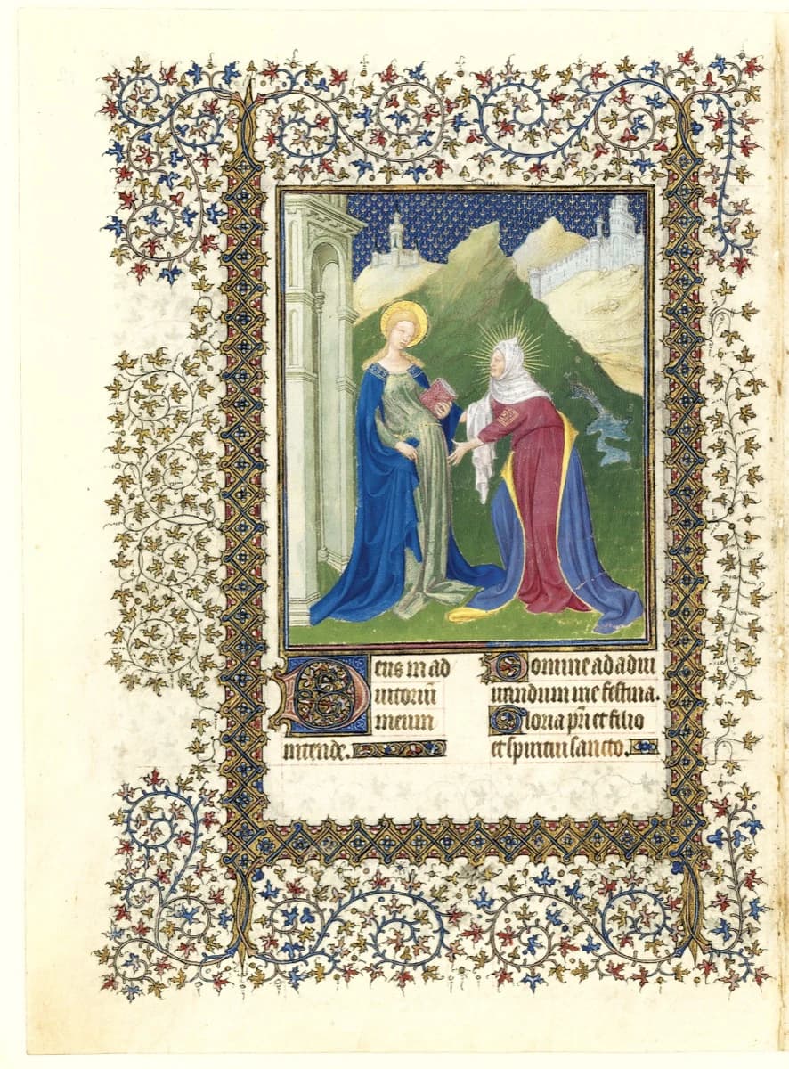 Limbourg Brothers, The Visitation, Belles Heures, c. 1405–09 — two full-length women on flat green ground bands, doll-scale white castles, blue diaper sky strewn with gold sprigs