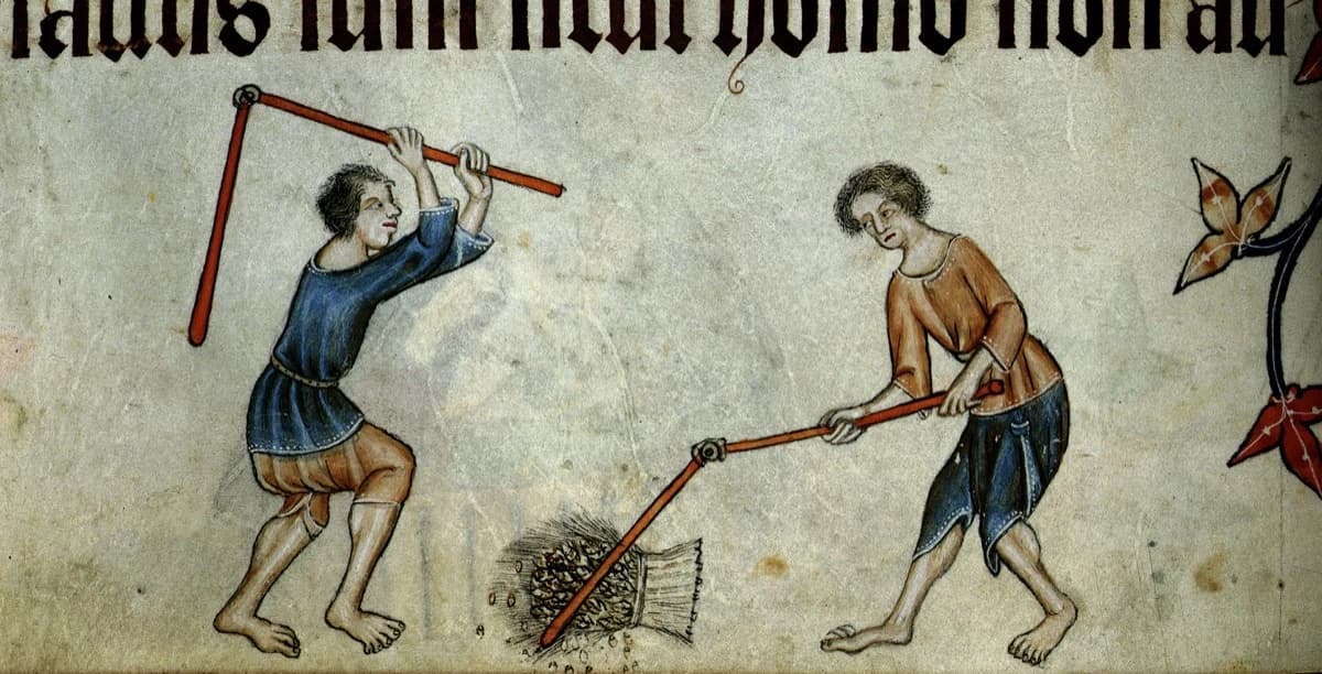 Luttrell Psalter, two men threshing a sheaf, c. 1325–40 — bas-de-page labourers in flat ochre and blue on entirely bare vellum, no ground line