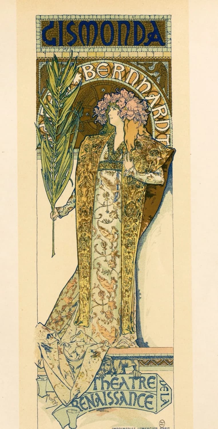 Alphonse Mucha, Gismonda, 1894 — tall Art Nouveau theatre poster, a robed figure holding a palm frond beneath a mosaic arch with the title lettered into the lintel