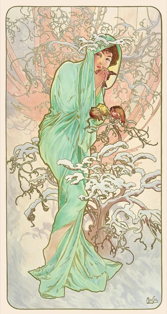 Alphonse Mucha, The Seasons: Winter, 1896 — panneau décoratif of a hooded figure in pale green among snow-laden branches drawn as flat lobed shapes