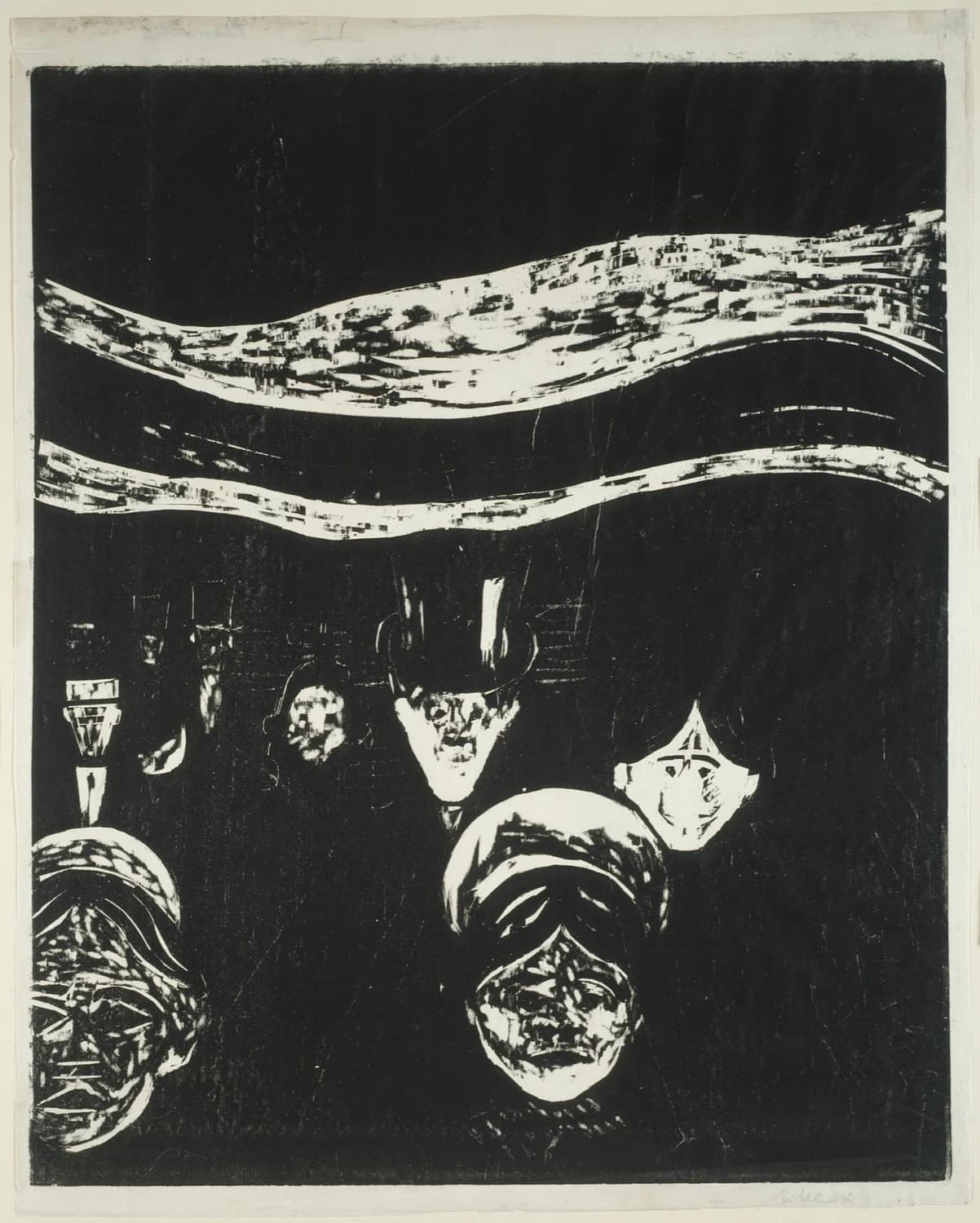 Edvard Munch, Anxiety (Angst), 1896 — woodcut in black ink, masklike faces on a bridge under gouged wave-bands