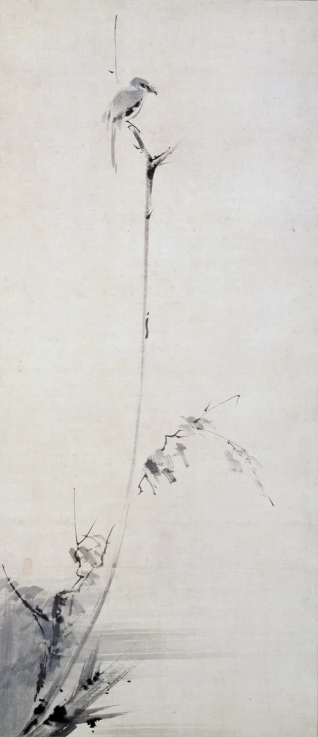 Miyamoto Musashi, Shrike on a Dead Branch, before 1645 — one bird on a single tapering brushstroke of branch, most of the scroll bare