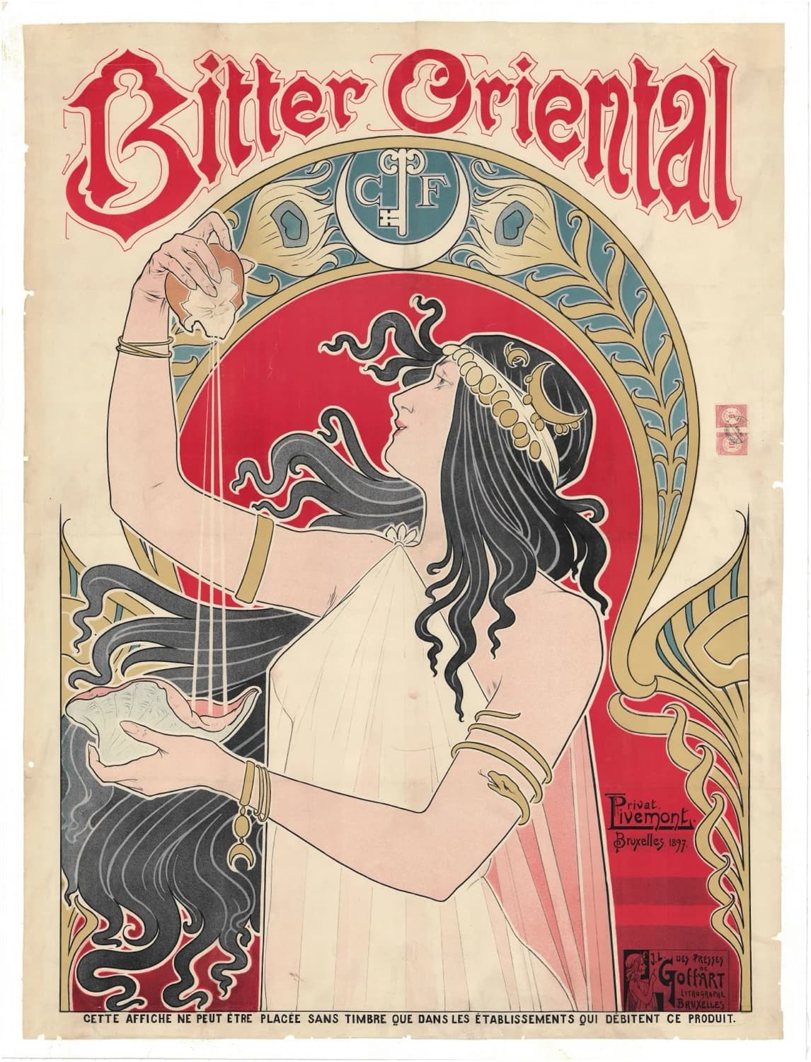 Henri Privat-Livemont, Bitter Oriental, 1897 — Art Nouveau poster, profile figure in a cream robe before a red disc inside a gold whiplash arch, red display lettering