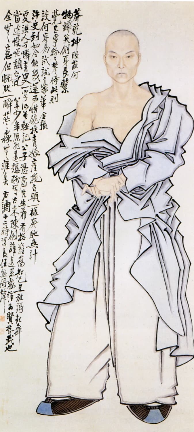 Ren Xiong, Self-Portrait, mid-19th century — a bare-chested painter under a robe of angular black-edged folds