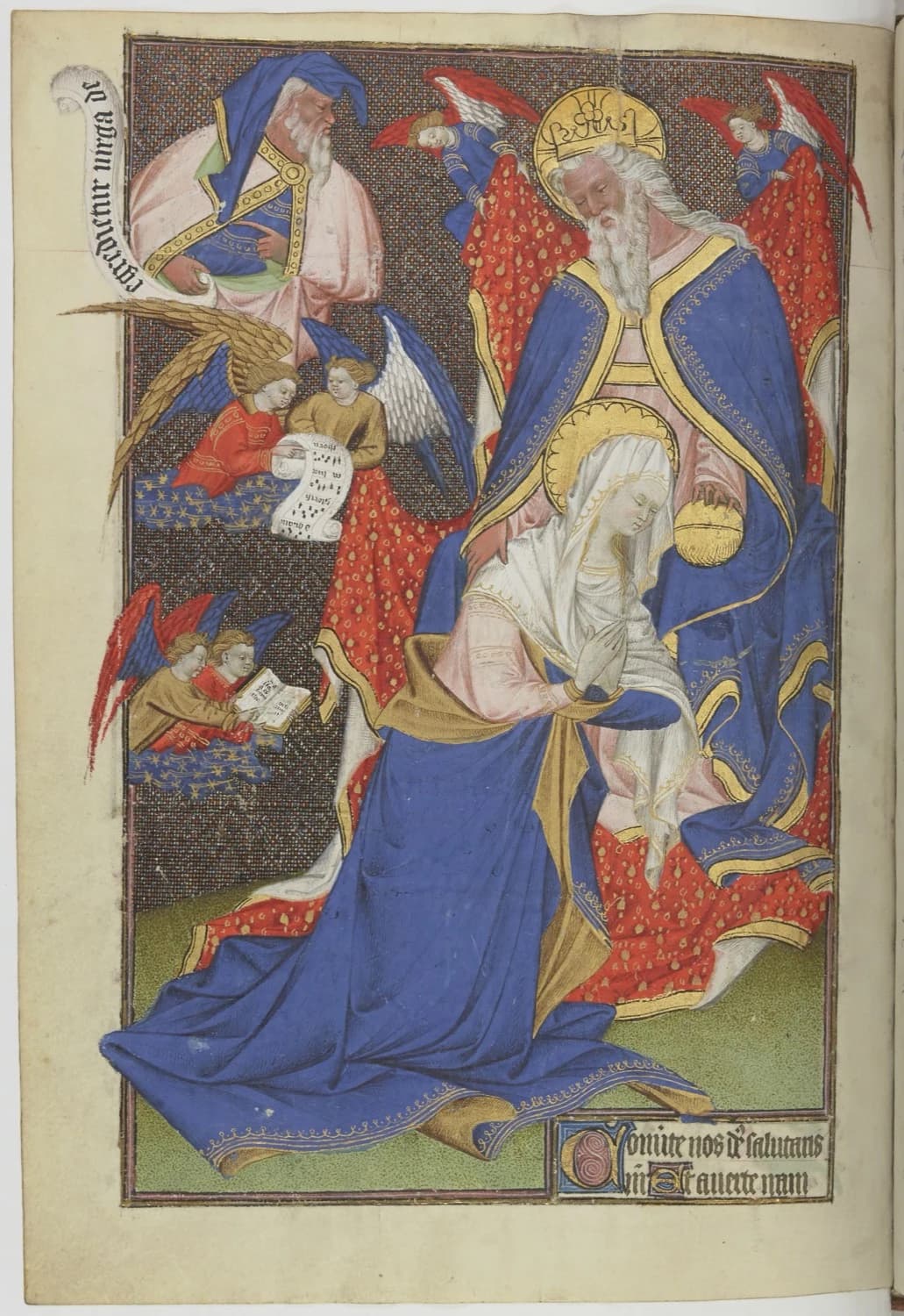 Rohan Master, The Coronation of the Virgin, Grandes Heures de Rohan, c. 1418–25 — crowned figures on a dark gold-worked diaper ground with an unfurling banderole and gold-star bands