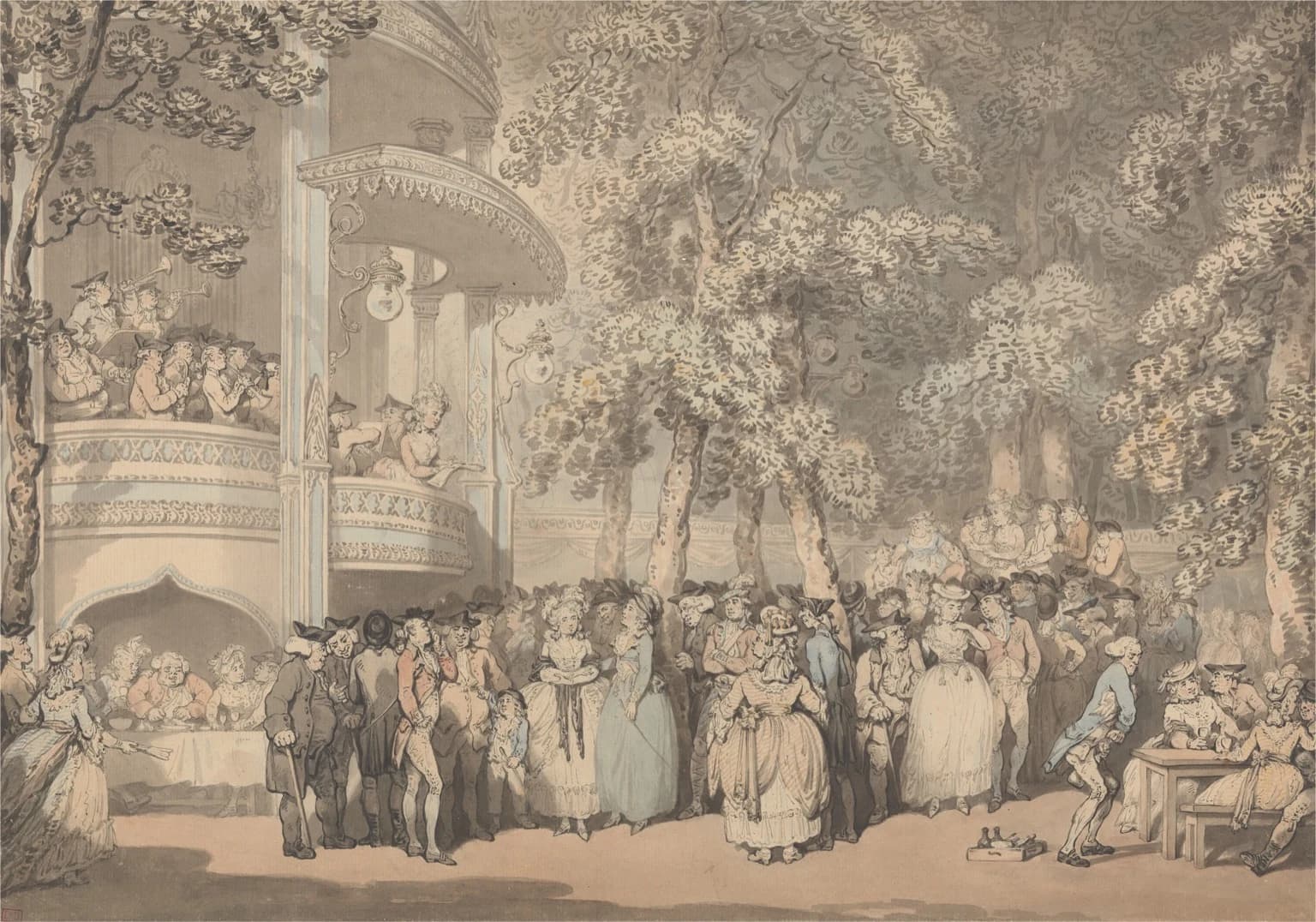 Thomas Rowlandson, Vauxhall Gardens, c. 1784 — a large pen-and-wash crowd scene of Georgian pleasure-garden society under trees