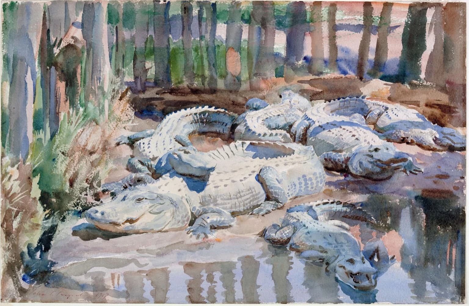 John Singer Sargent, Muddy Alligators, 1917 — five alligators on a sunlit bank, their backs left as bare paper with blue-violet shadow washes painted around them