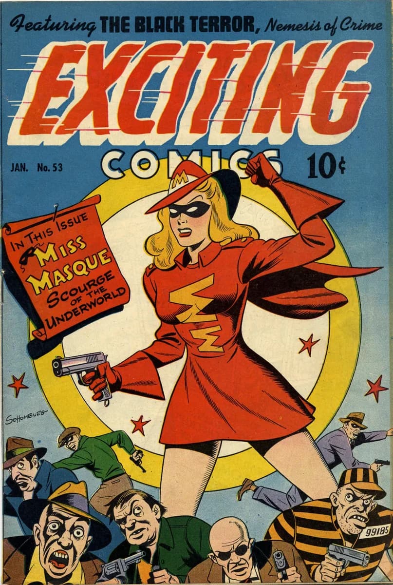Alex Schomburg, Exciting Comics No. 53 cover, 1947 — Miss Masque in a flat red costume standing inside a flat yellow-and-white bullseye, her black domino mask with eye-holes left as bare white, above a bottom band of seven fully-coloured gangster faces crowding the lower quarter of the sheet
