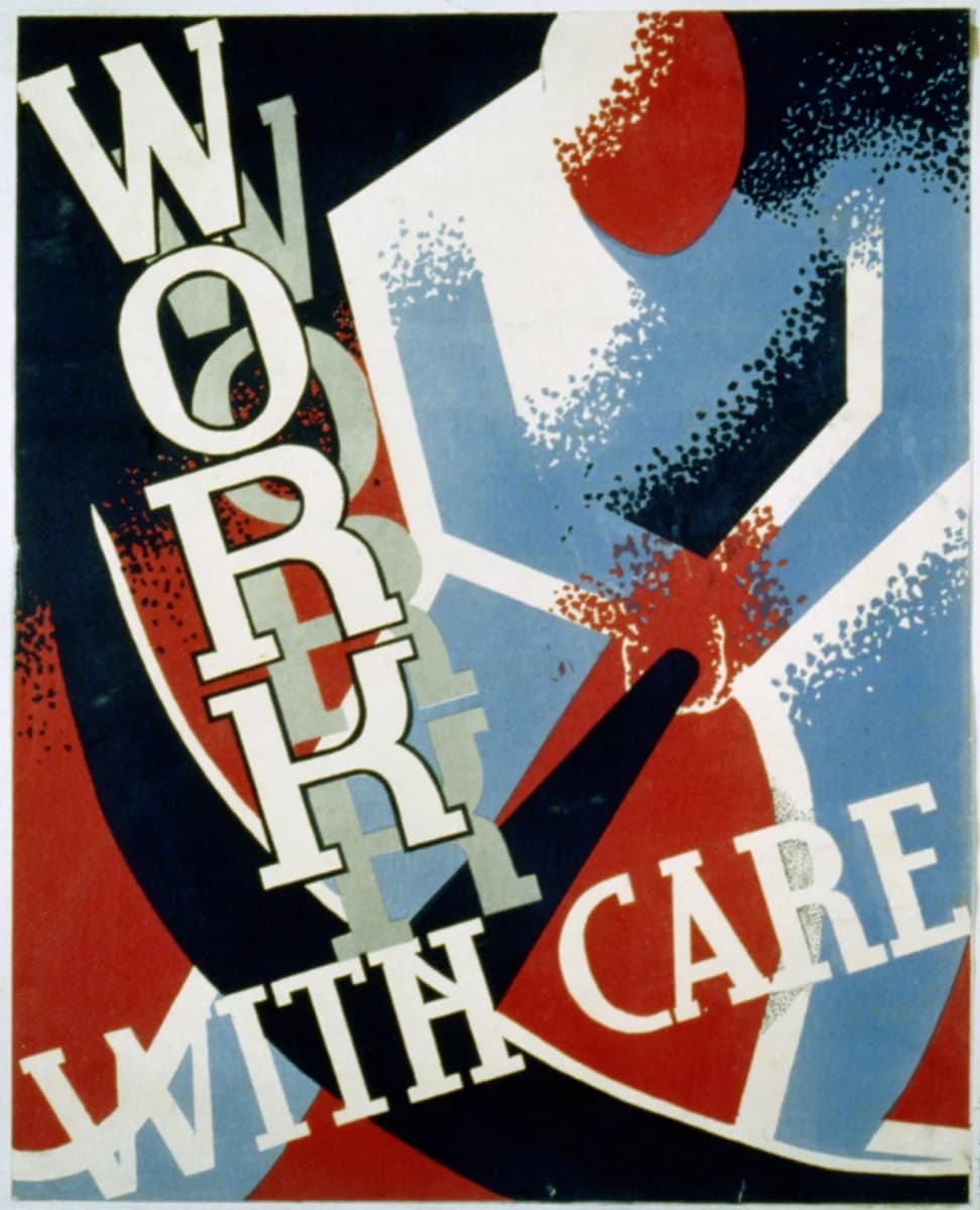 Work with Care, 1936 — WPA silkscreen poster of a worker built from interlocking flat cream, cornflower, navy and vermilion geometric planes edged with spatter texture