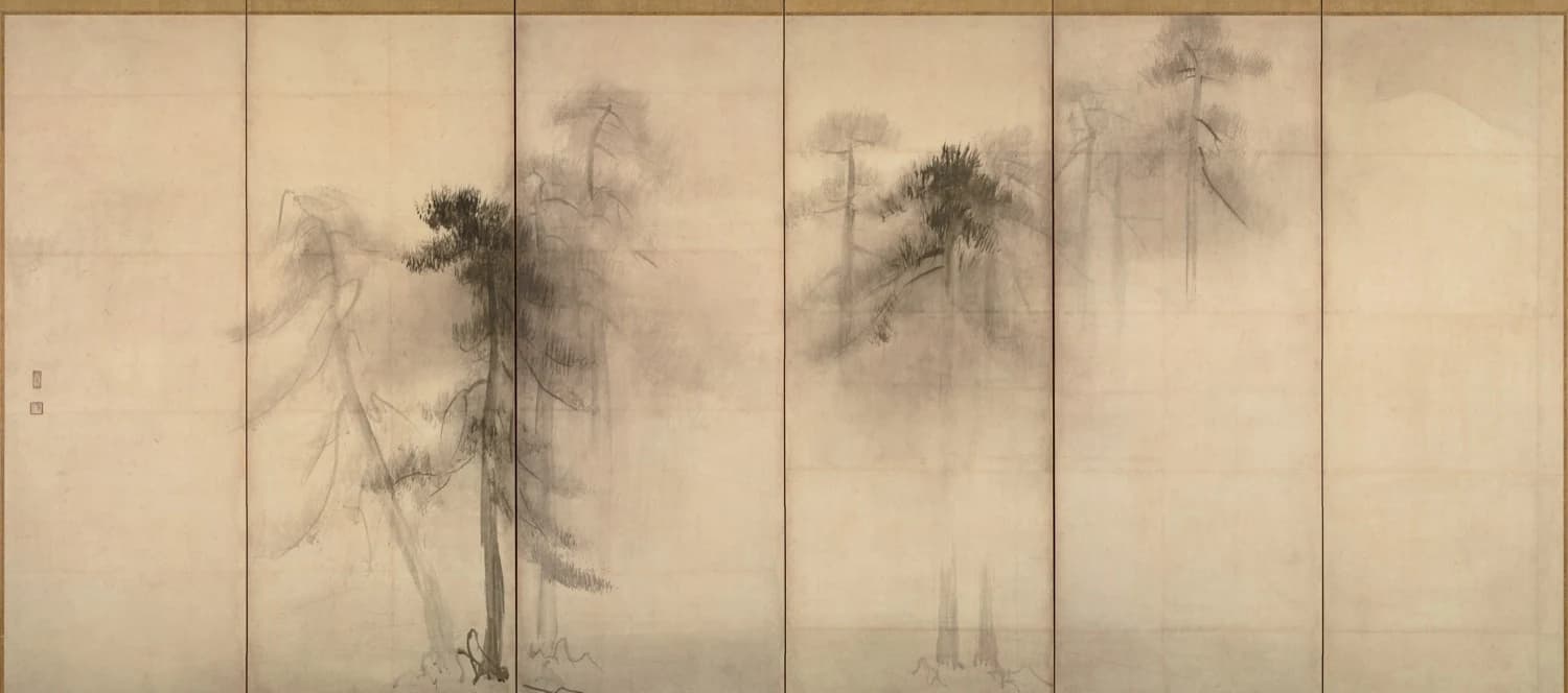 Hasegawa Tōhaku, Pine Trees screen, c. 1595 — pine groves emerging from fog that is entirely unpainted paper