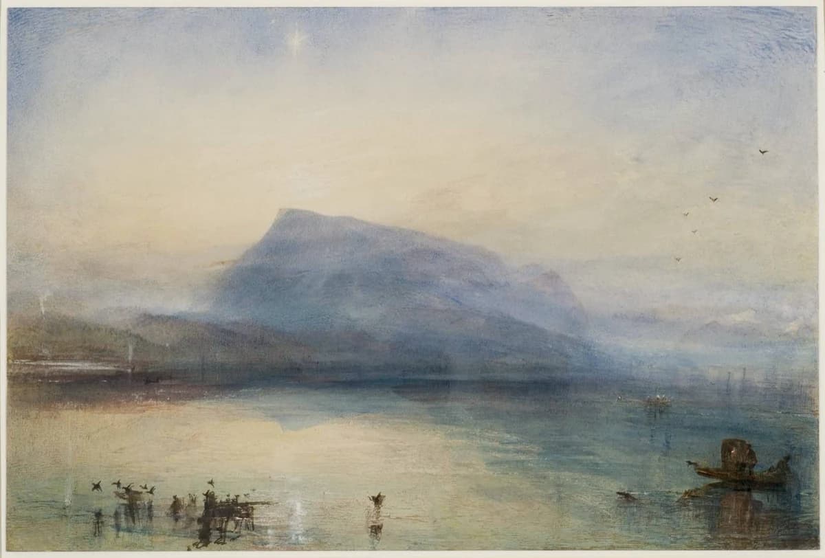 J. M. W. Turner, The Blue Rigi, Sunrise, 1842 — a mountain in granulating ultramarine dissolving into a pale dawn sky over water