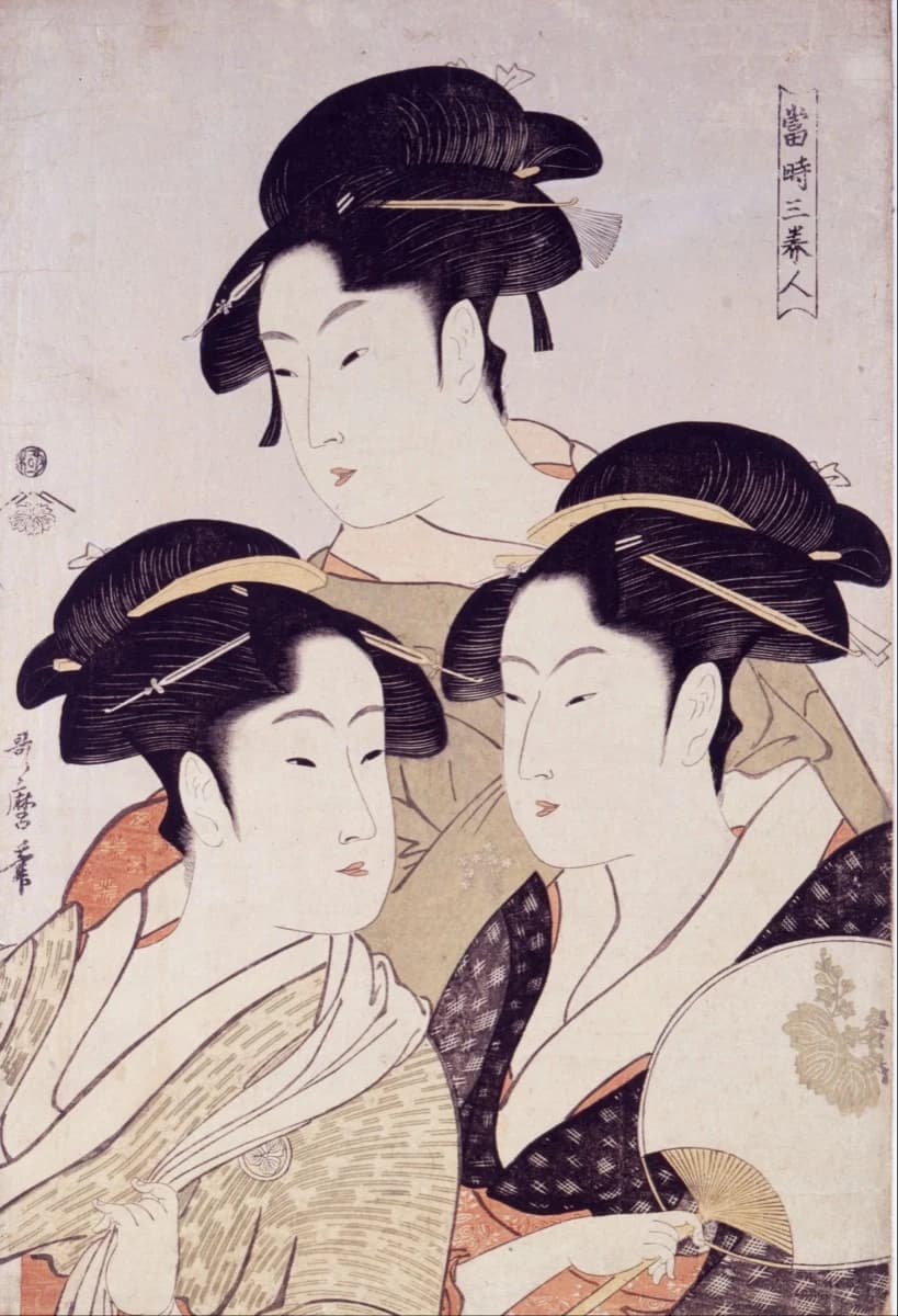 Kitagawa Utamaro, Three Beauties of the Present Day, c. 1793 — three women's faces built from near-identical cut strokes