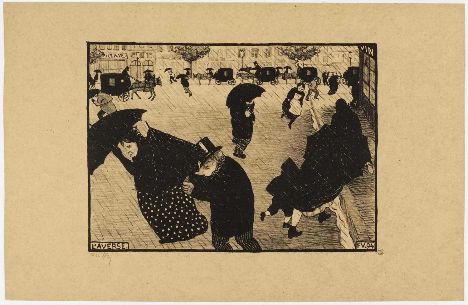 Félix Vallotton, L'Averse (The Shower), 1894 — bitonal relief print of Parisians caught in rain, black umbrellas against a hatched pavement