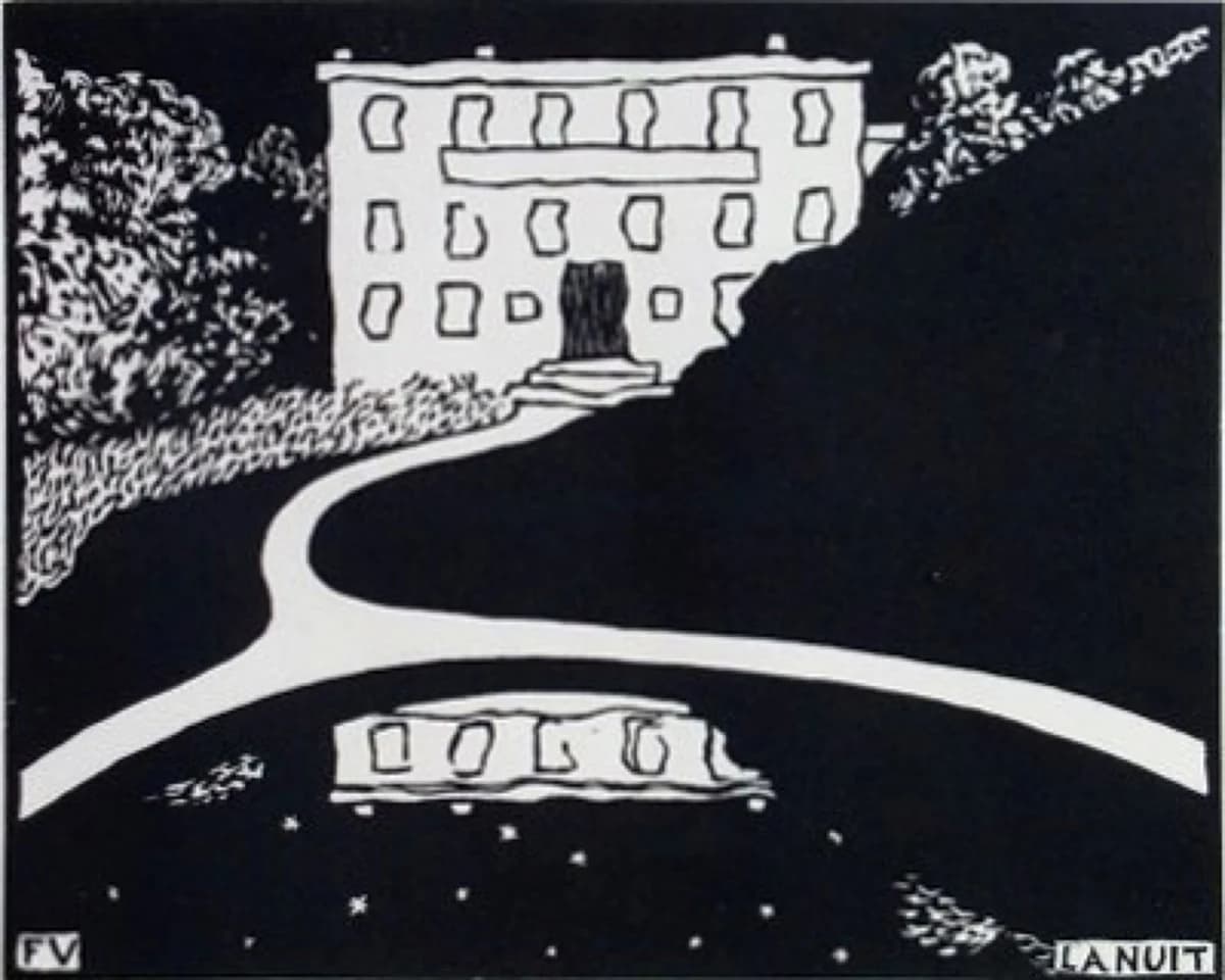 Félix Vallotton, La Nuit (The Night), 1897 — relief print, a lit facade and forking path reserved as bare paper inside a black night